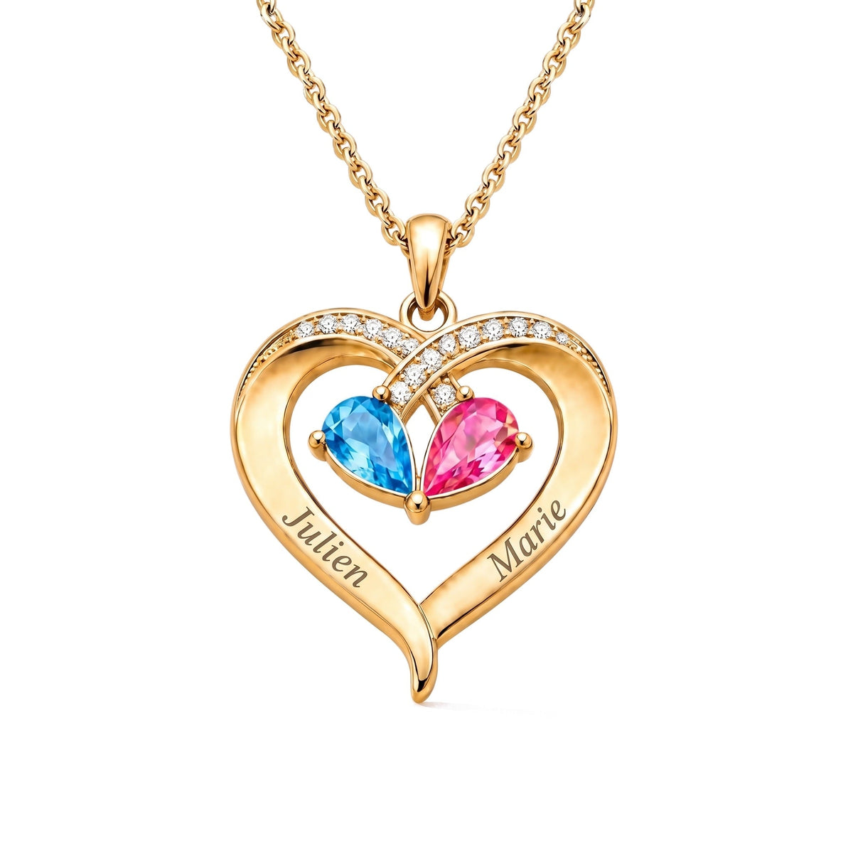 Collier cœur prénoms et pierres de naissance, finition dorée, sur fond blanc