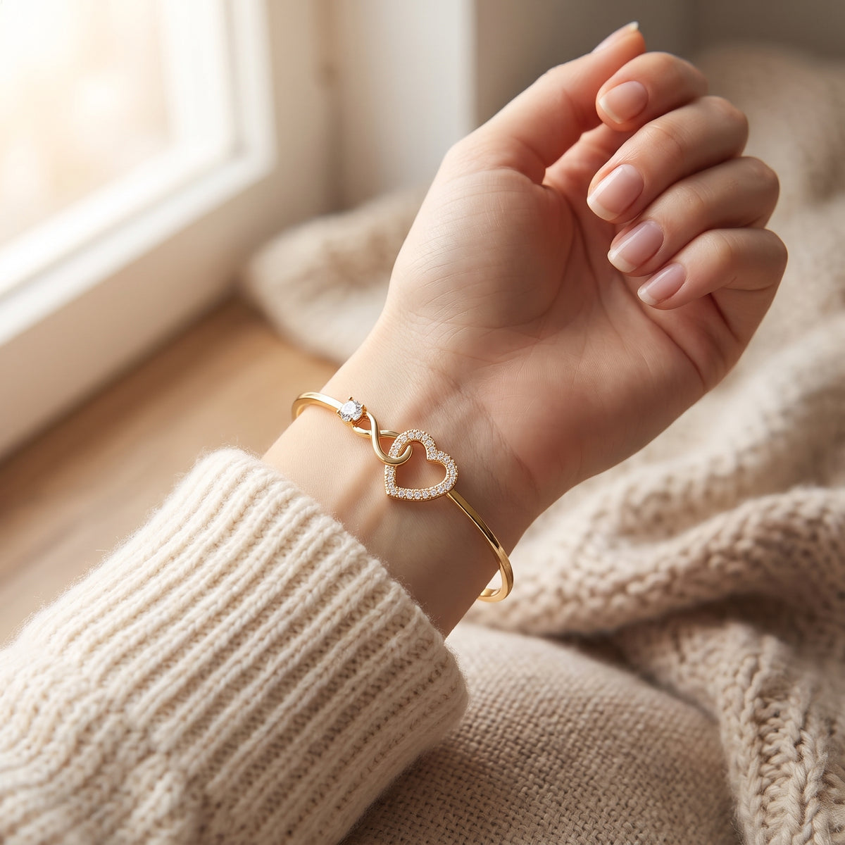 Bracelet cœur infini porté au poignet