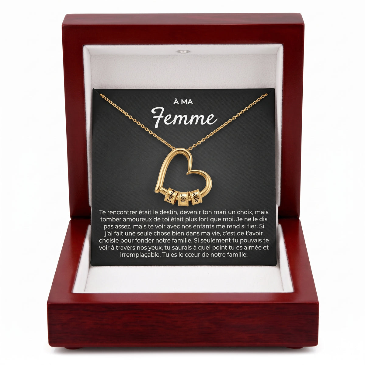 À ma femme, collier cœur de notre famille dans son coffret
