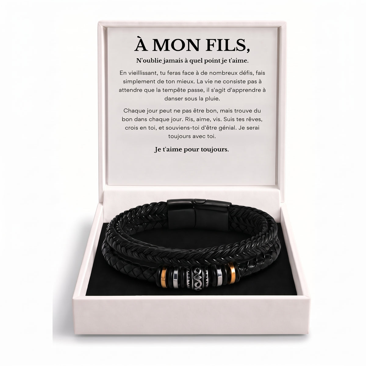 À mon fils, bracelet cuir tressé triple dans son coffret