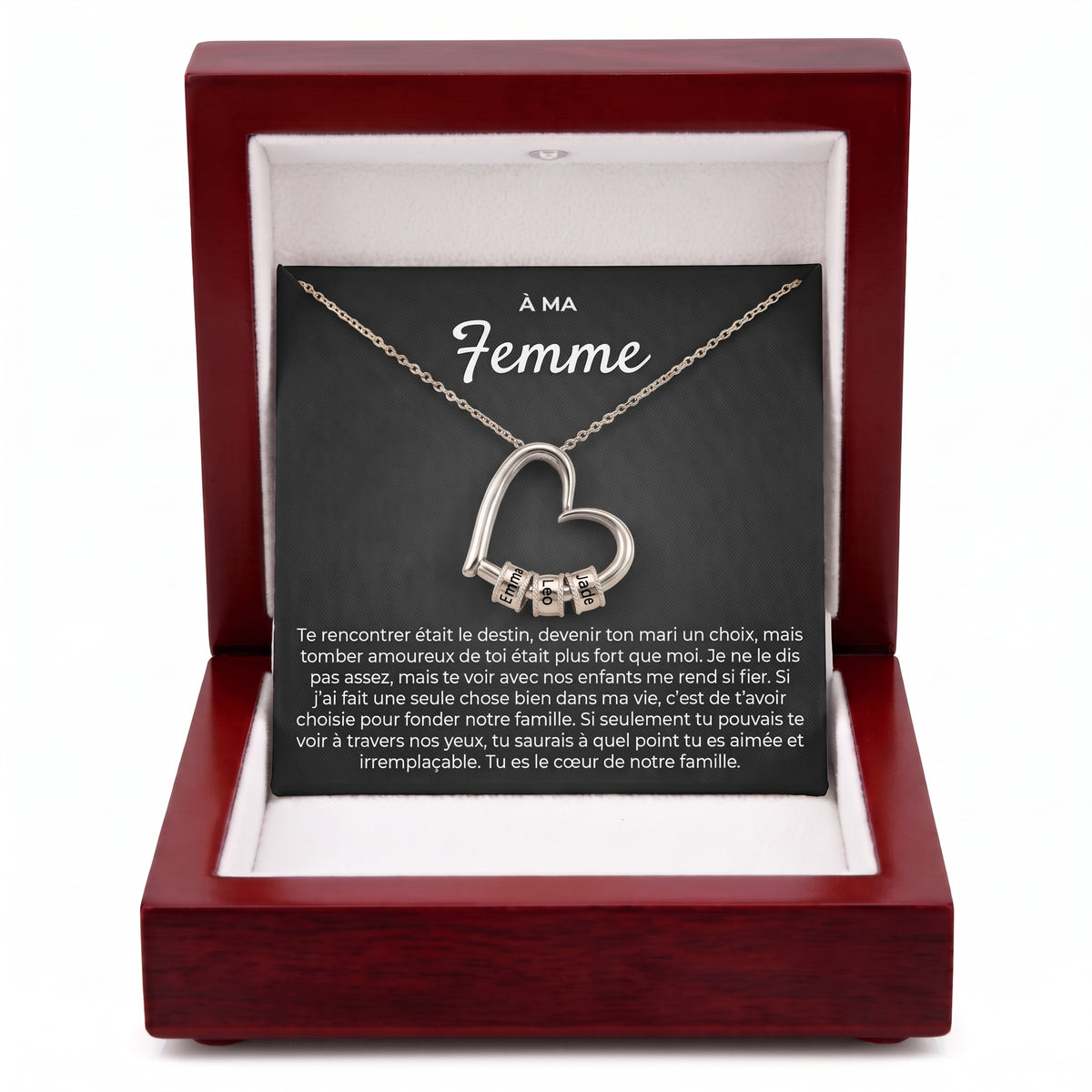 Coffret À ma femme, collier cœur de notre famille, version argent