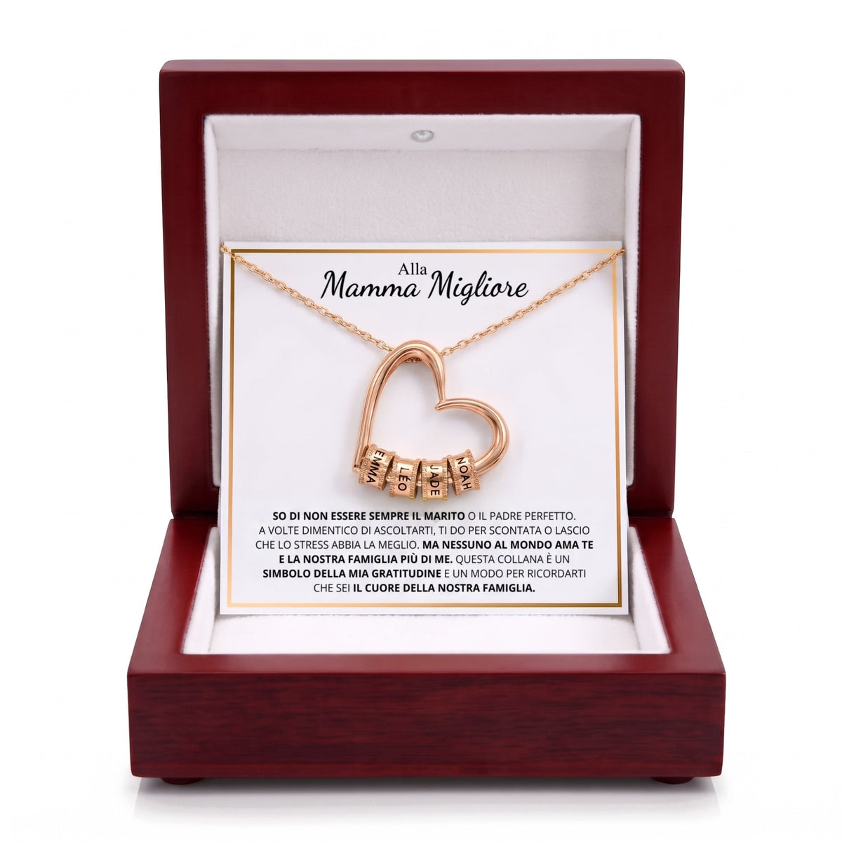 Collana cuore con nomi oro rosa, biglietto Alla mamma migliore #src_72130948333905 #Langue_it