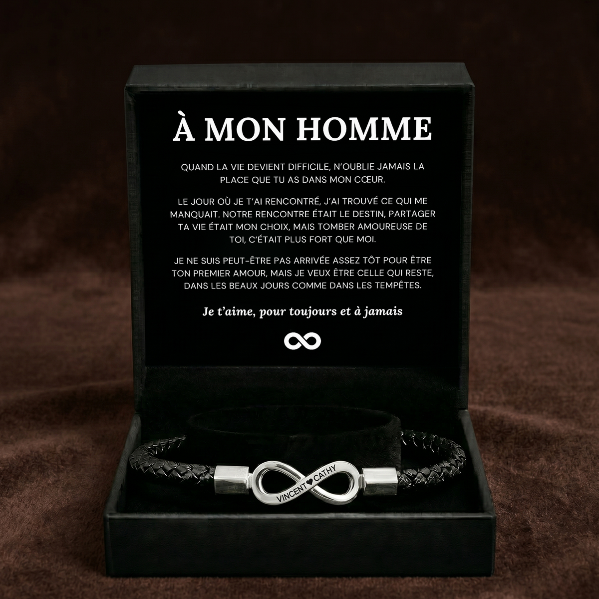 À mon homme – Bracelet Cuir Infini Gravé