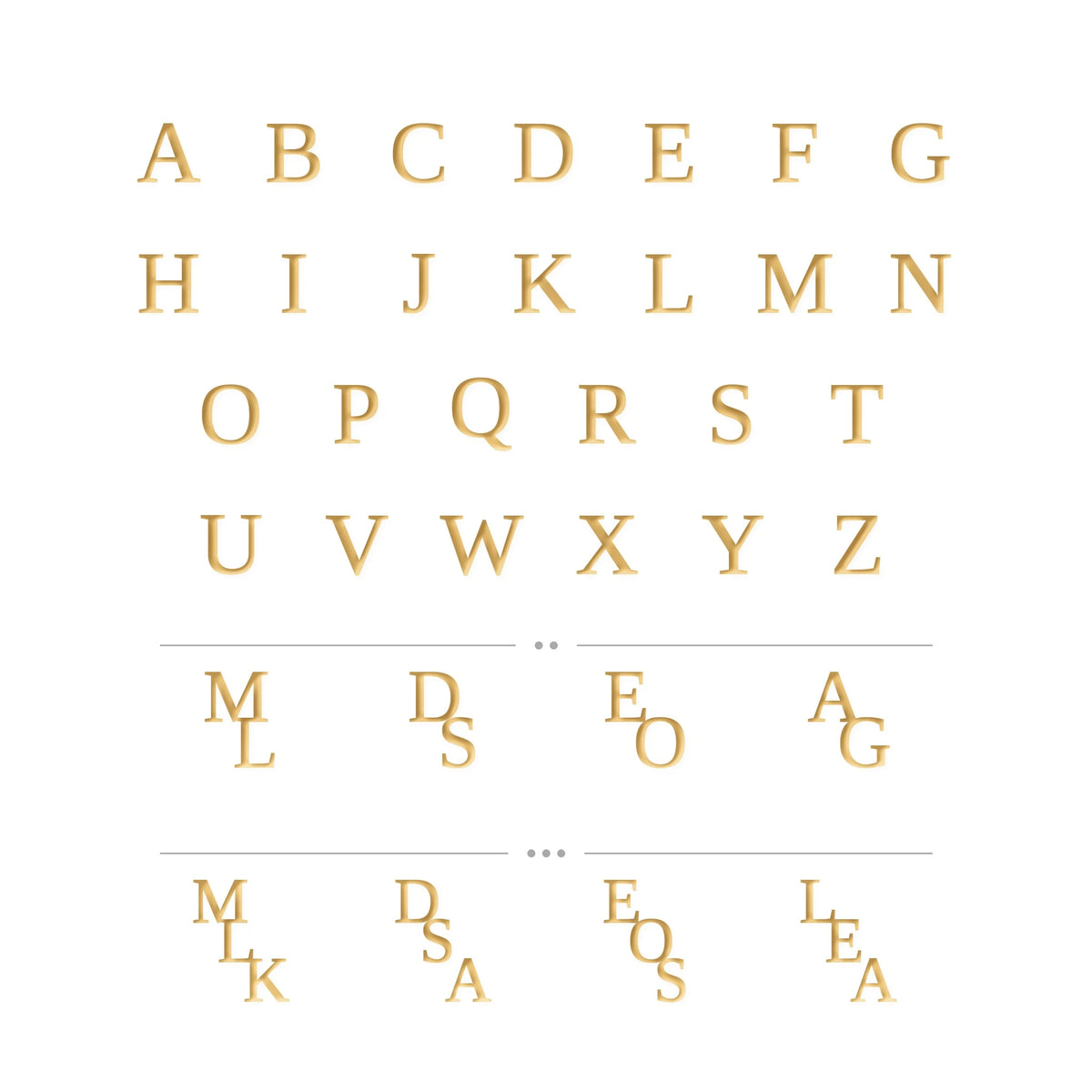 Les lettres de A à Z disponibles, finition dorée