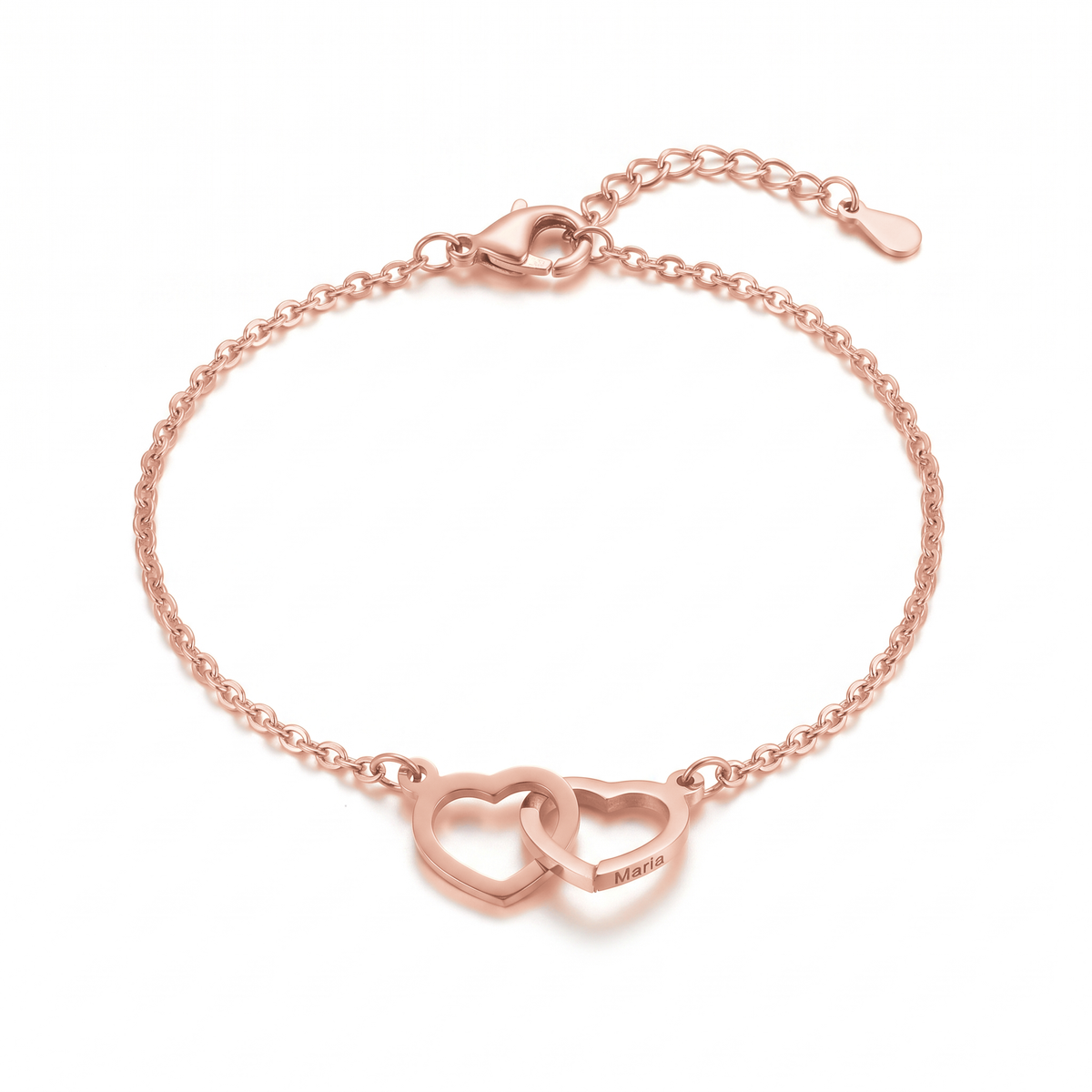 Bracelet personnalisé assorti en or rose, deux cœurs enchaînés gravés d'un prénom