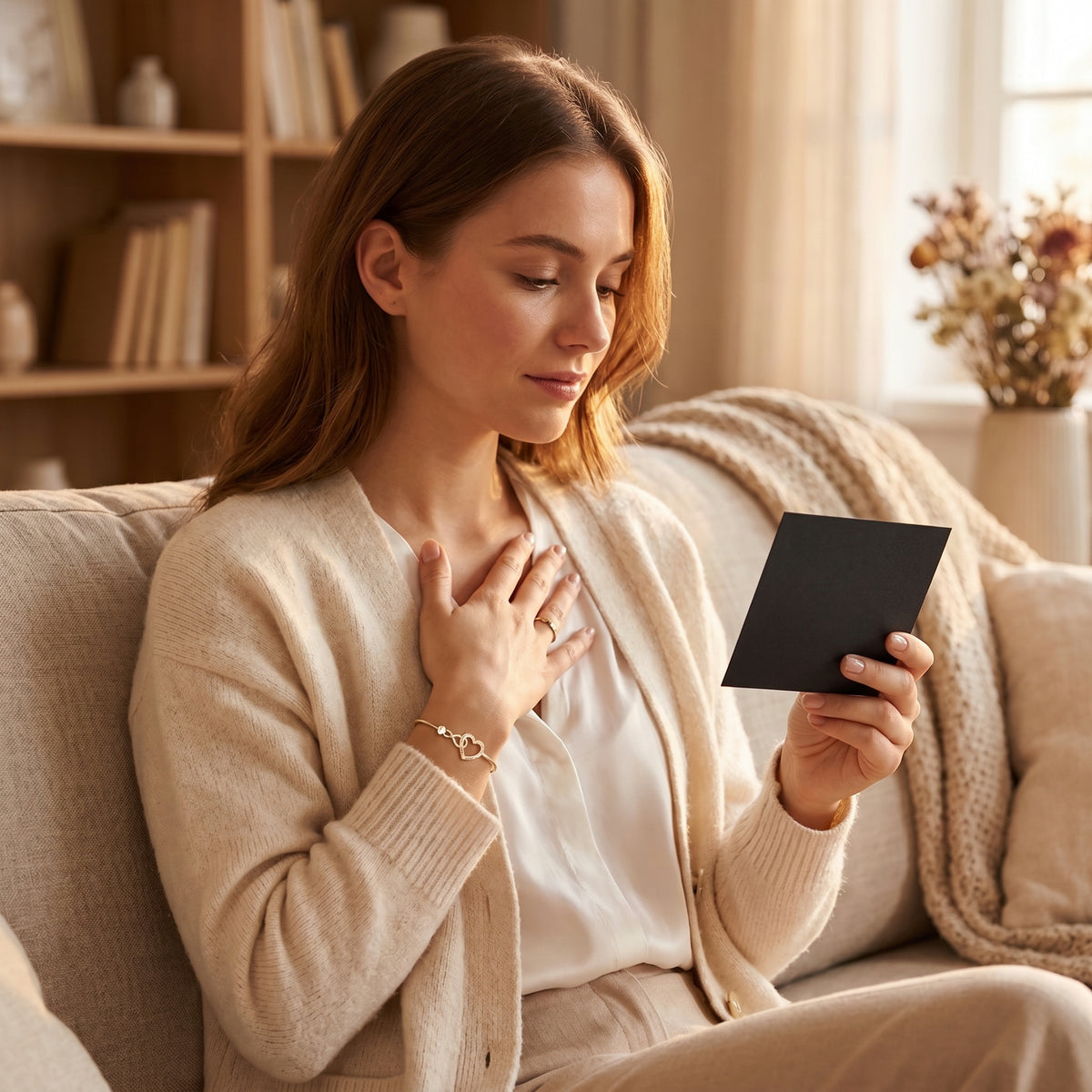 Elle lit la petite carte du coffret, le bracelet au poignet