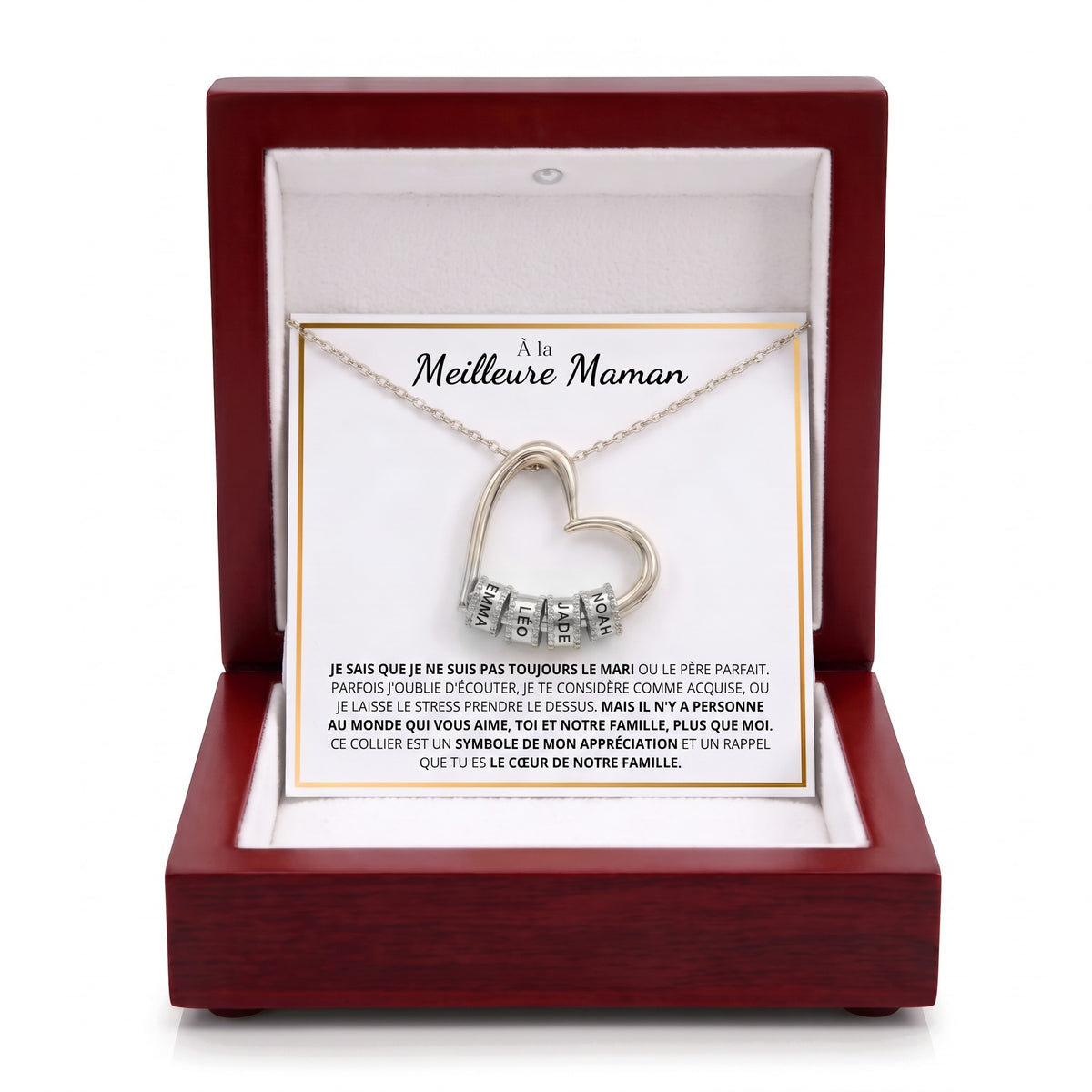 Collier cœur prénoms argent, carte À la meilleure maman