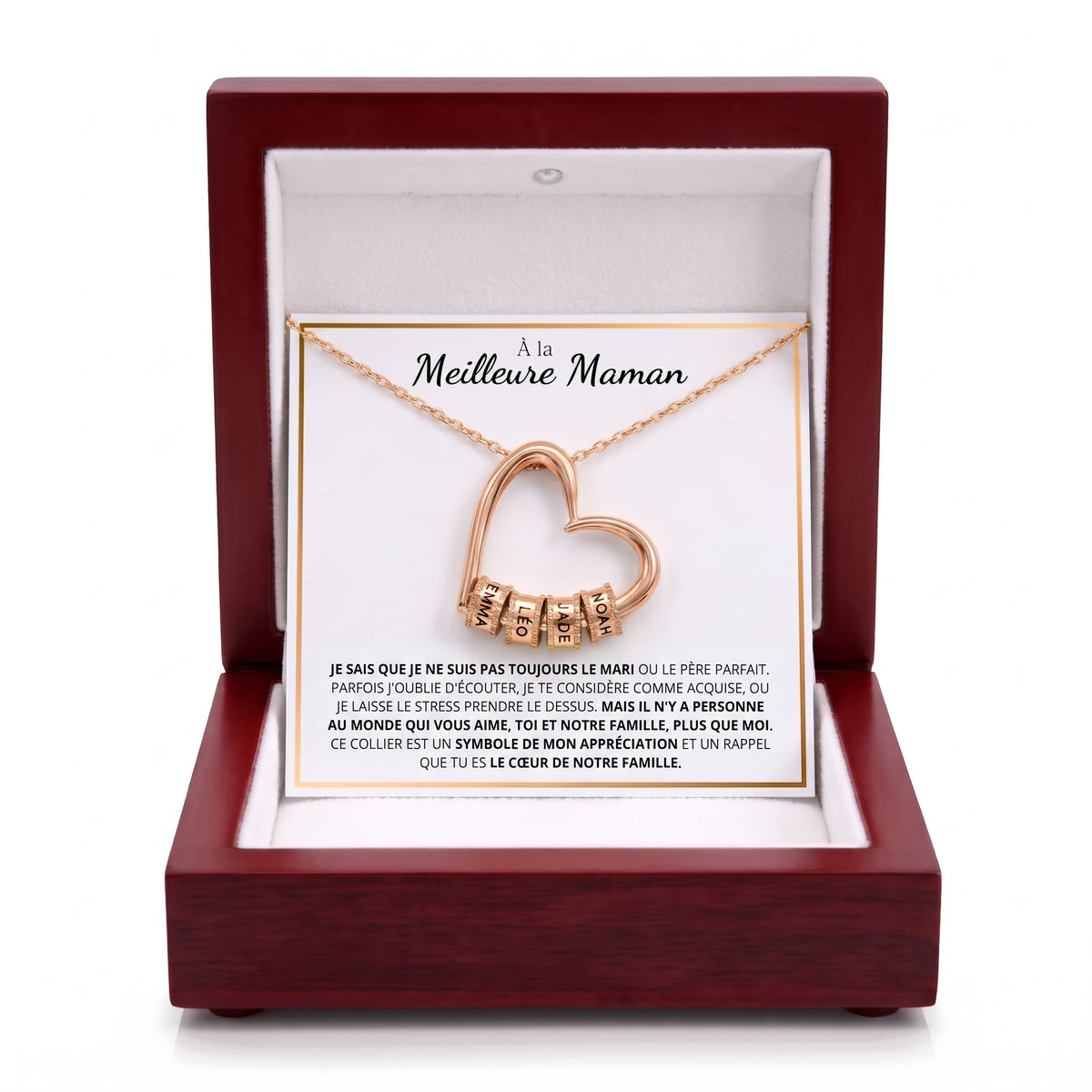 Collier cœur prénoms or rose, carte À la meilleure maman