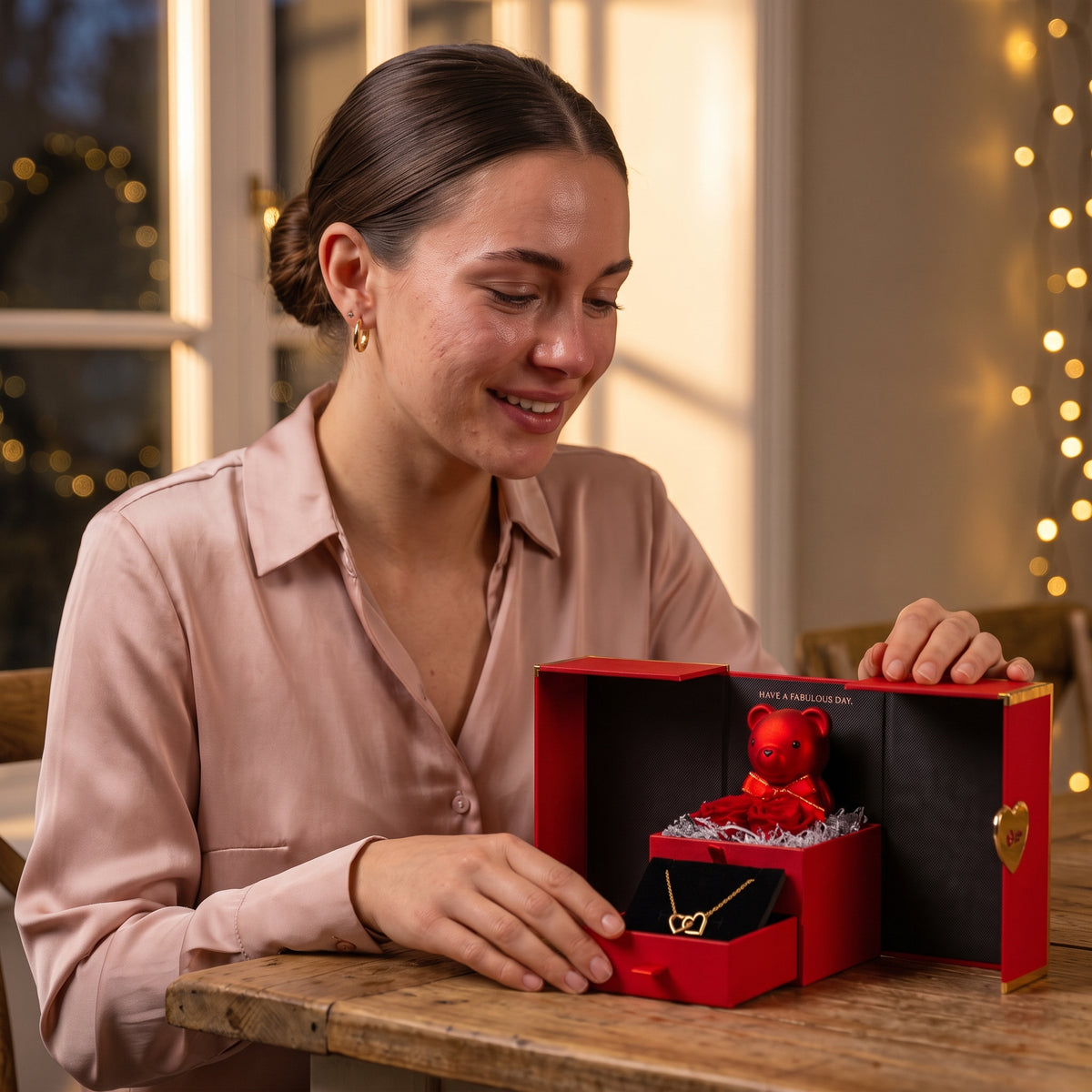 Femme émue découvrant le collier dans le tiroir du coffret Petit Nounours