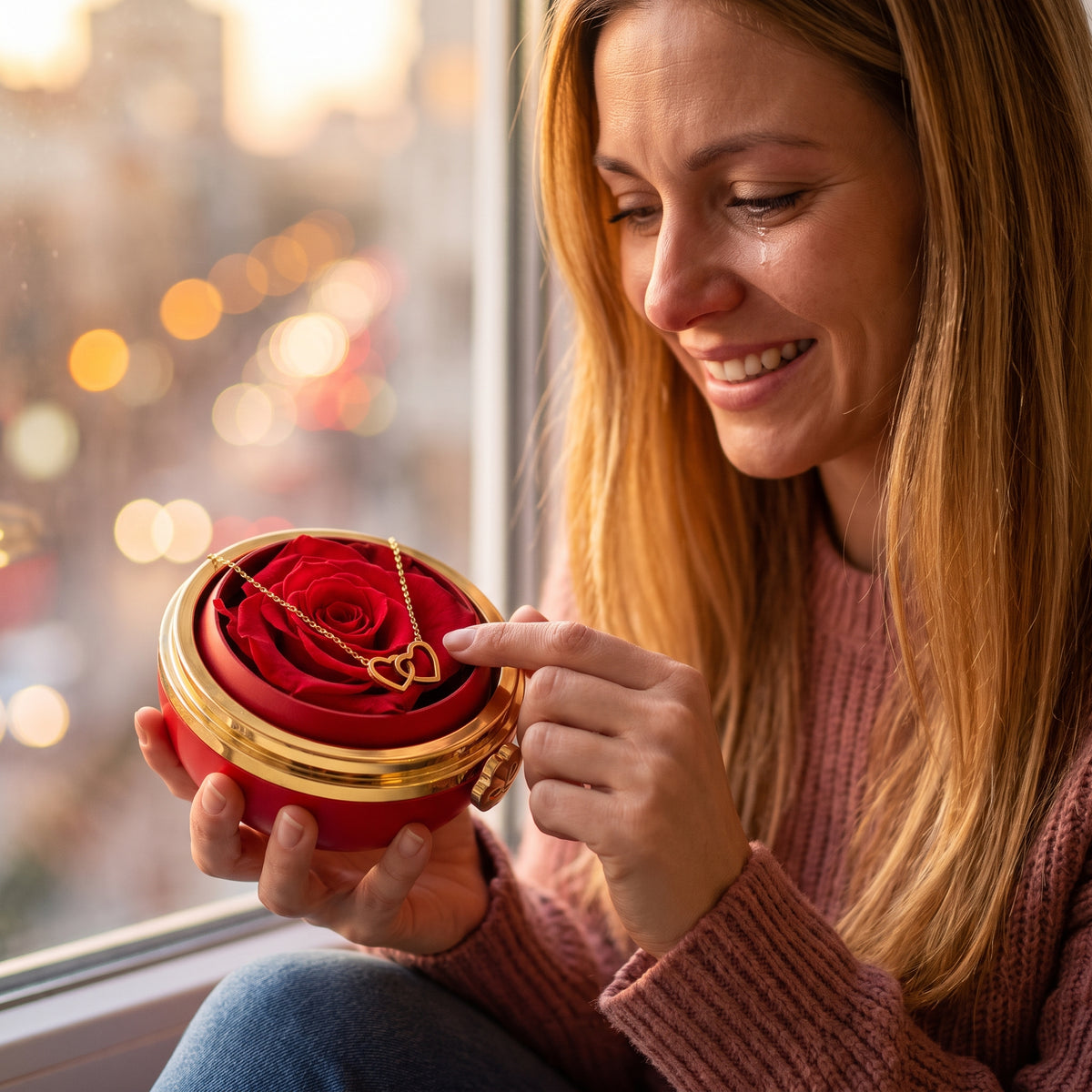 Une femme émue découvre le collier gravé posé sur la rose éternelle du coffret Passion