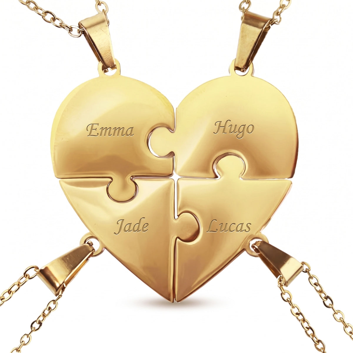 Collier puzzle famille Nous, 4 pièces gravées de prénoms, finition dorée