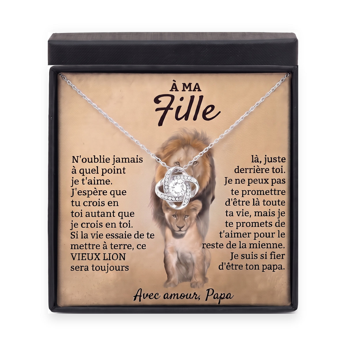 À ma fille, collier nœud d'amour Vieux Lion dans son coffret