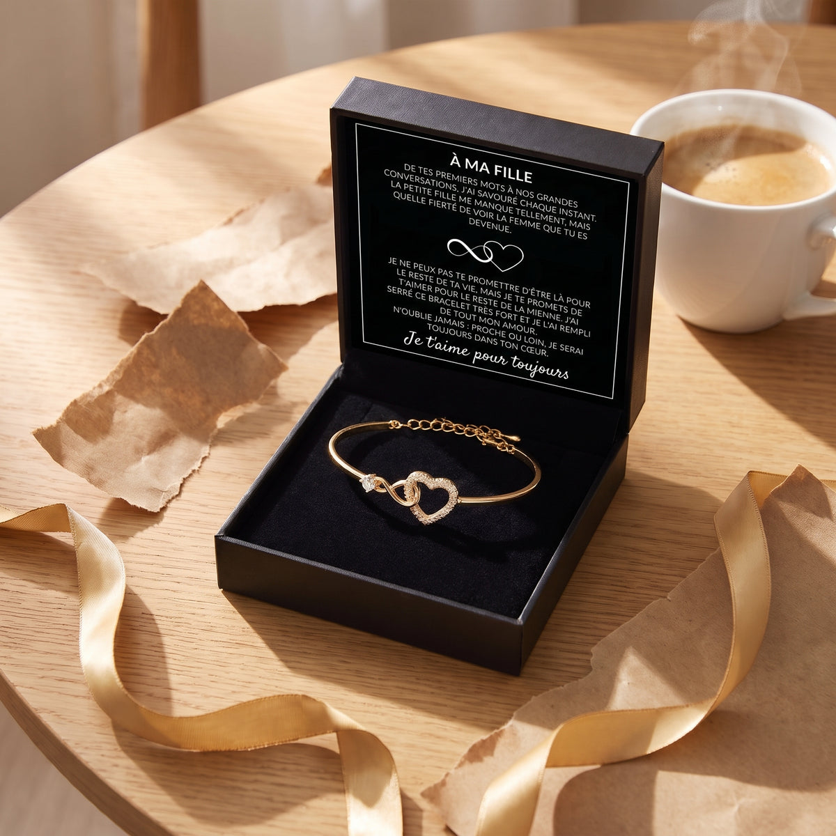 À ma fille, coffret ouvert avec la carte message et le bracelet