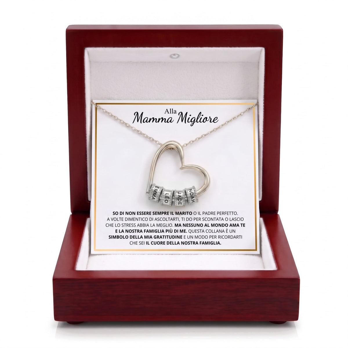 Collana cuore con nomi argento, biglietto Alla mamma migliore #src_72130948366673 #Langue_it
