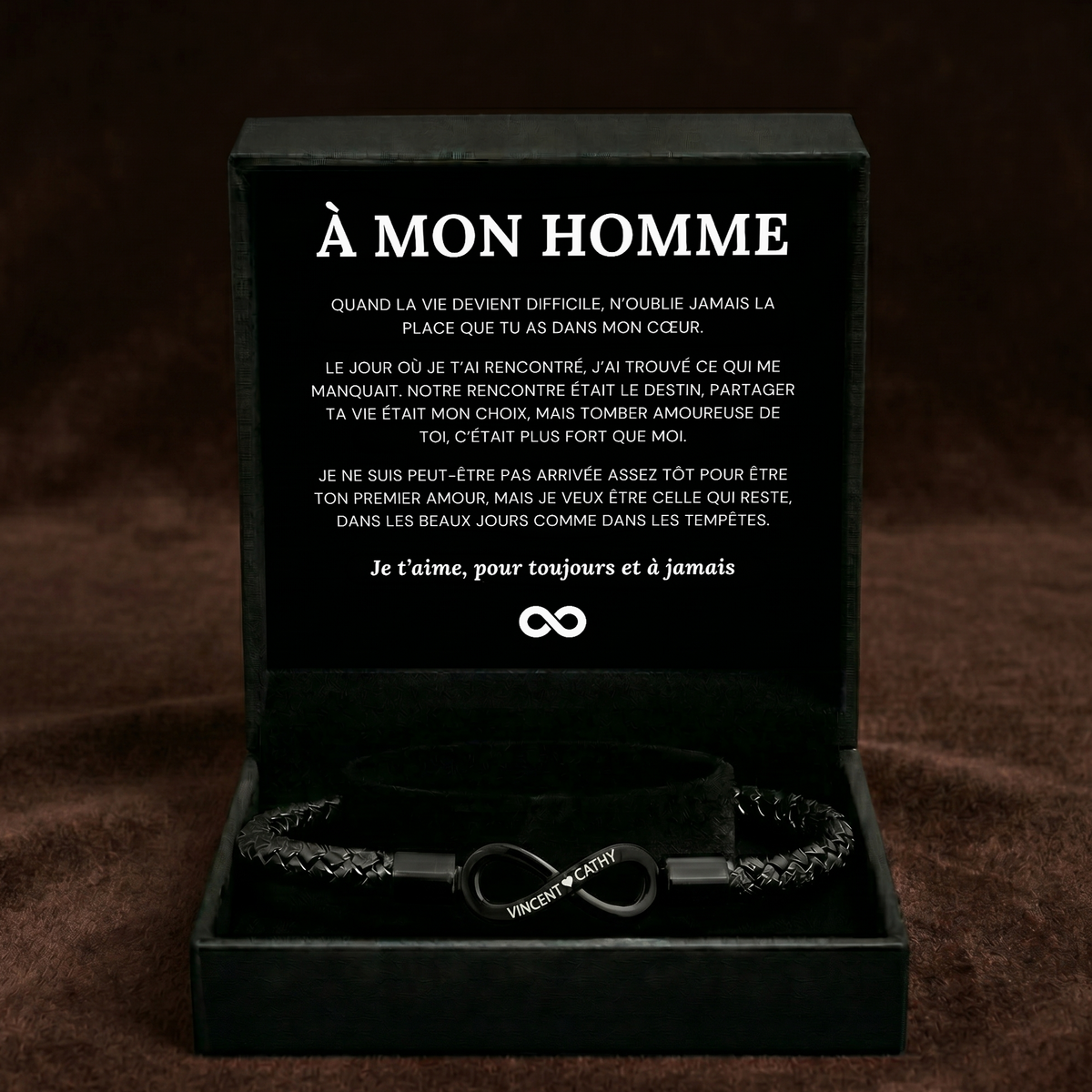 À mon homme – Bracelet Cuir Infini Gravé