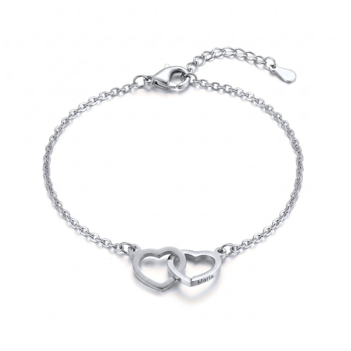 Bracelet personnalisé assorti en argent, deux cœurs enchaînés gravés d'un prénom