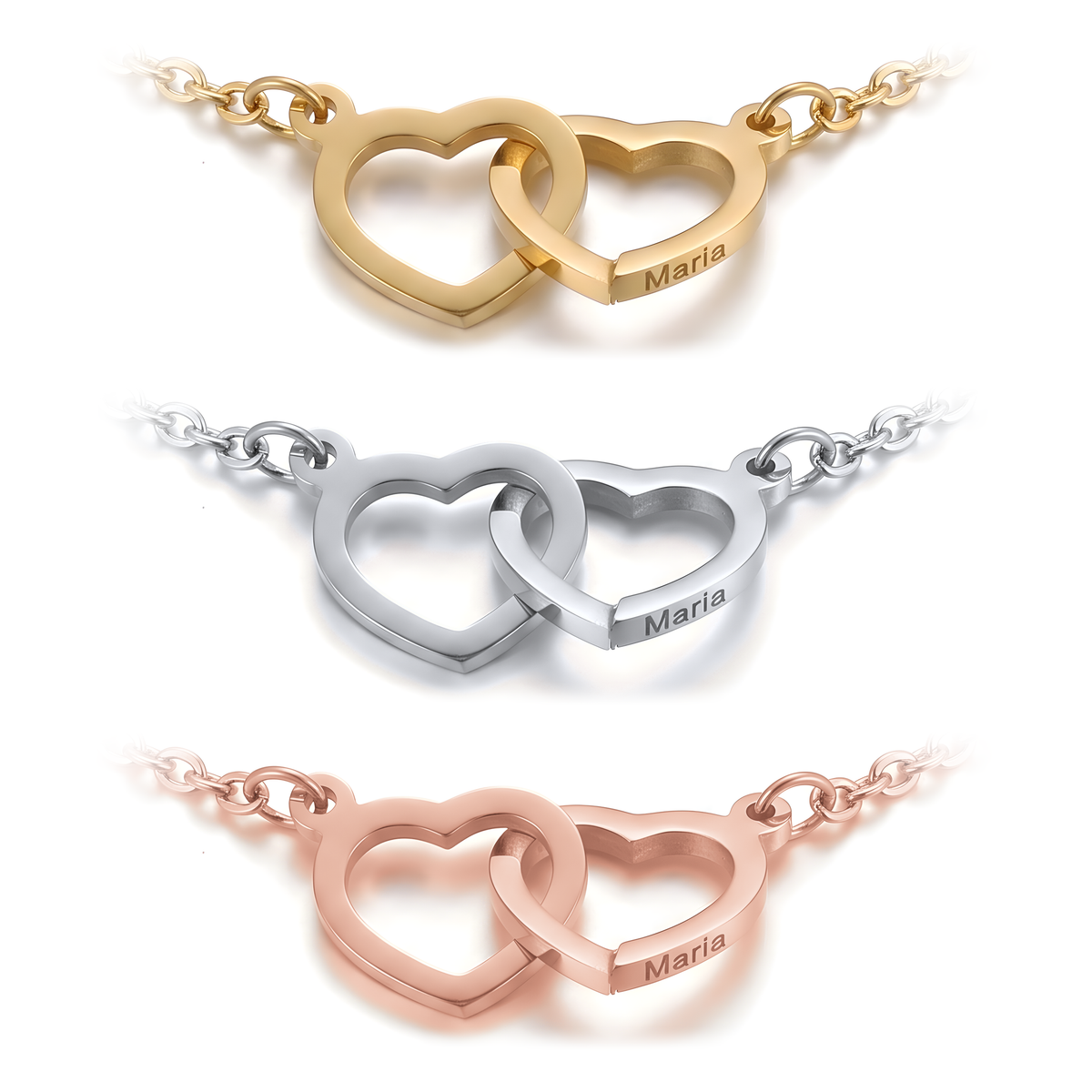 Les deux cœurs enchaînés du bracelet en or, argent et or rose
