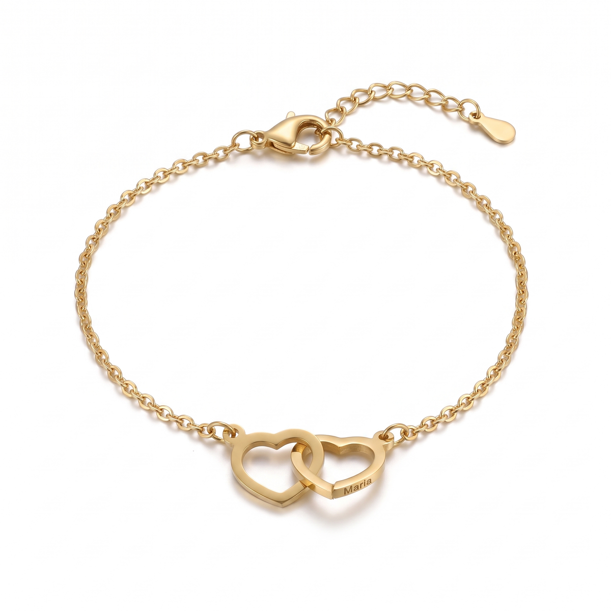 Bracelet personnalisé assorti en or, deux cœurs enchaînés gravés d'un prénom