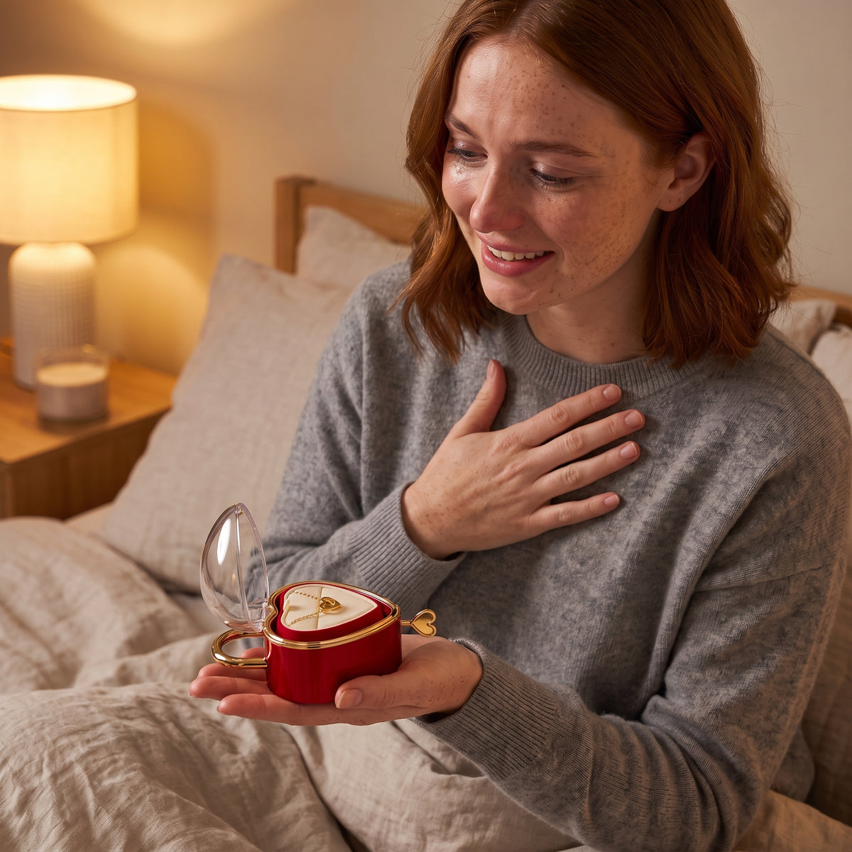 Femme émue tenant le coffret Cadenas ouvert avec son collier
