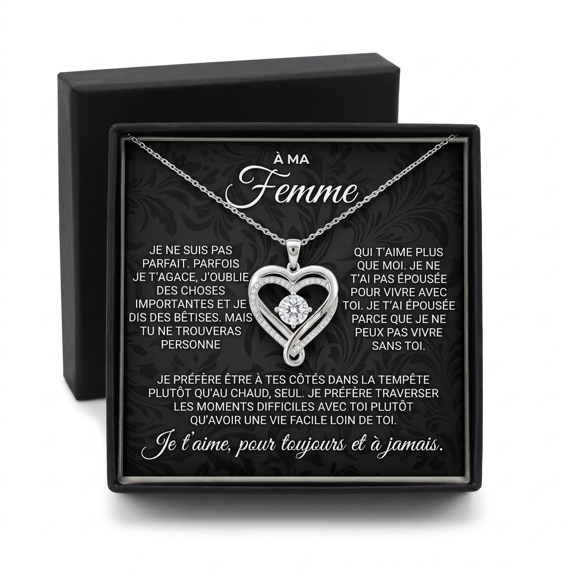 À ma femme – collier cœur pour toujours argent dans son coffret avec la carte en français