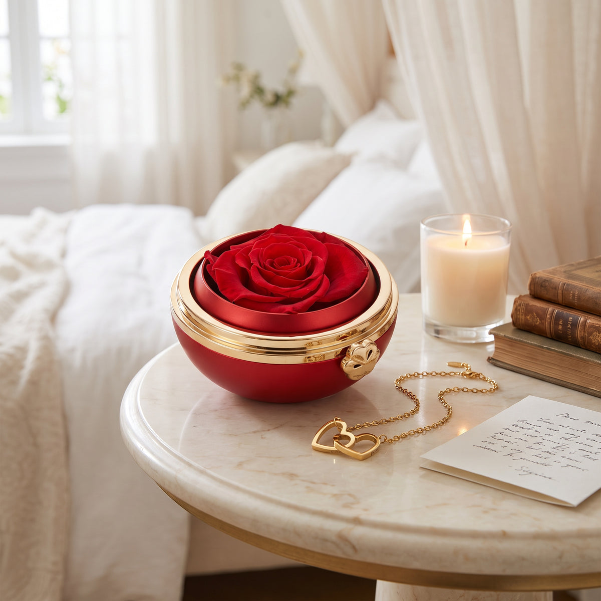 Coffret Passion Éternelle et collier à 2 cœurs sur une table de chevet