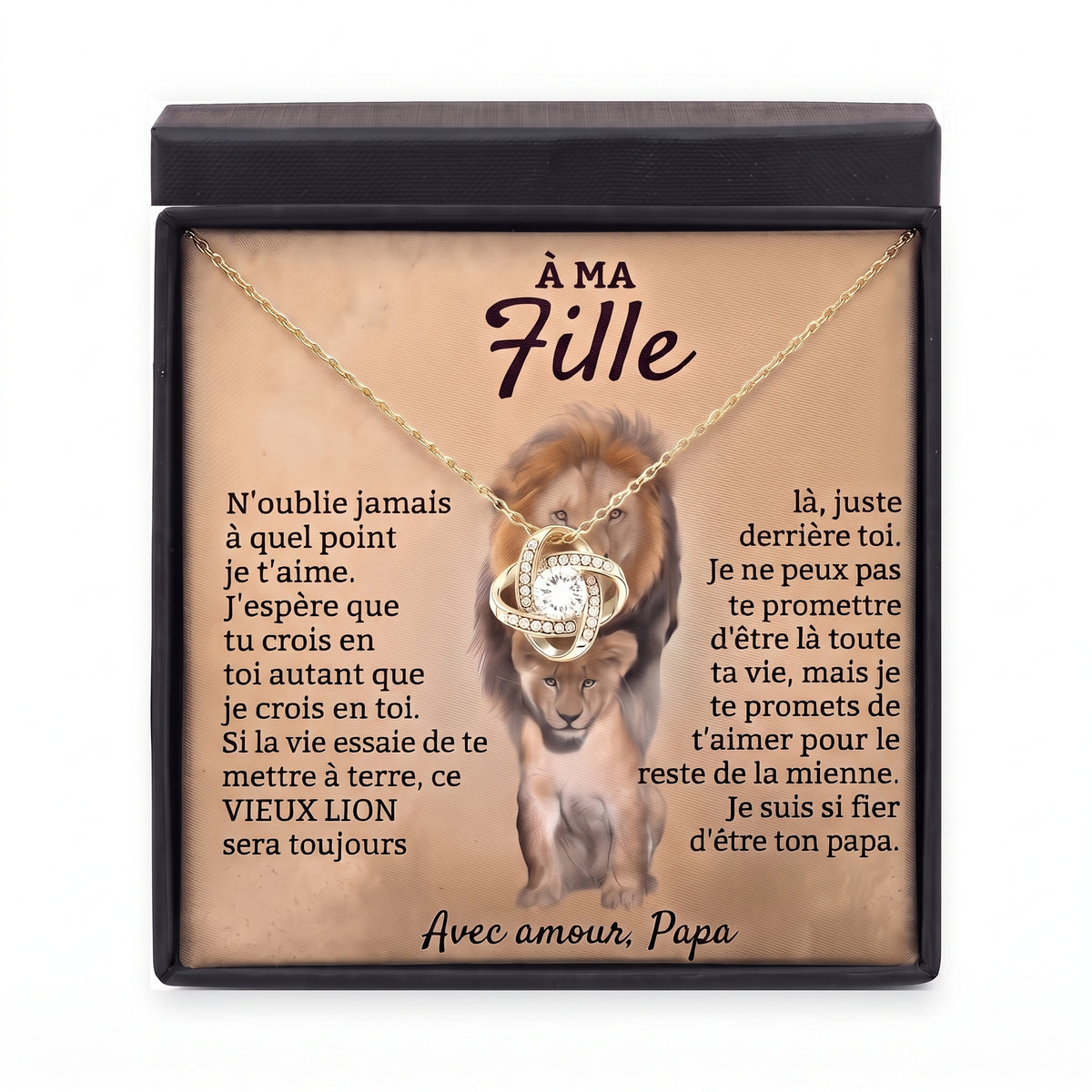 Coffret À ma fille, collier nœud d'amour Vieux Lion, version or