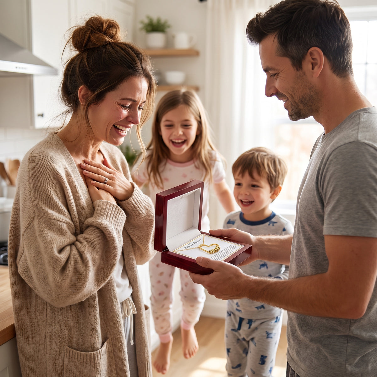 Un papa et ses enfants offrent le collier cœur prénoms à la maman