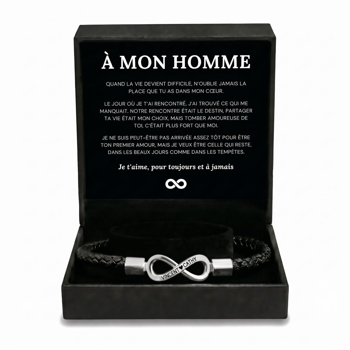 Coffret À mon homme, bracelet cuir infini gravé, version argent