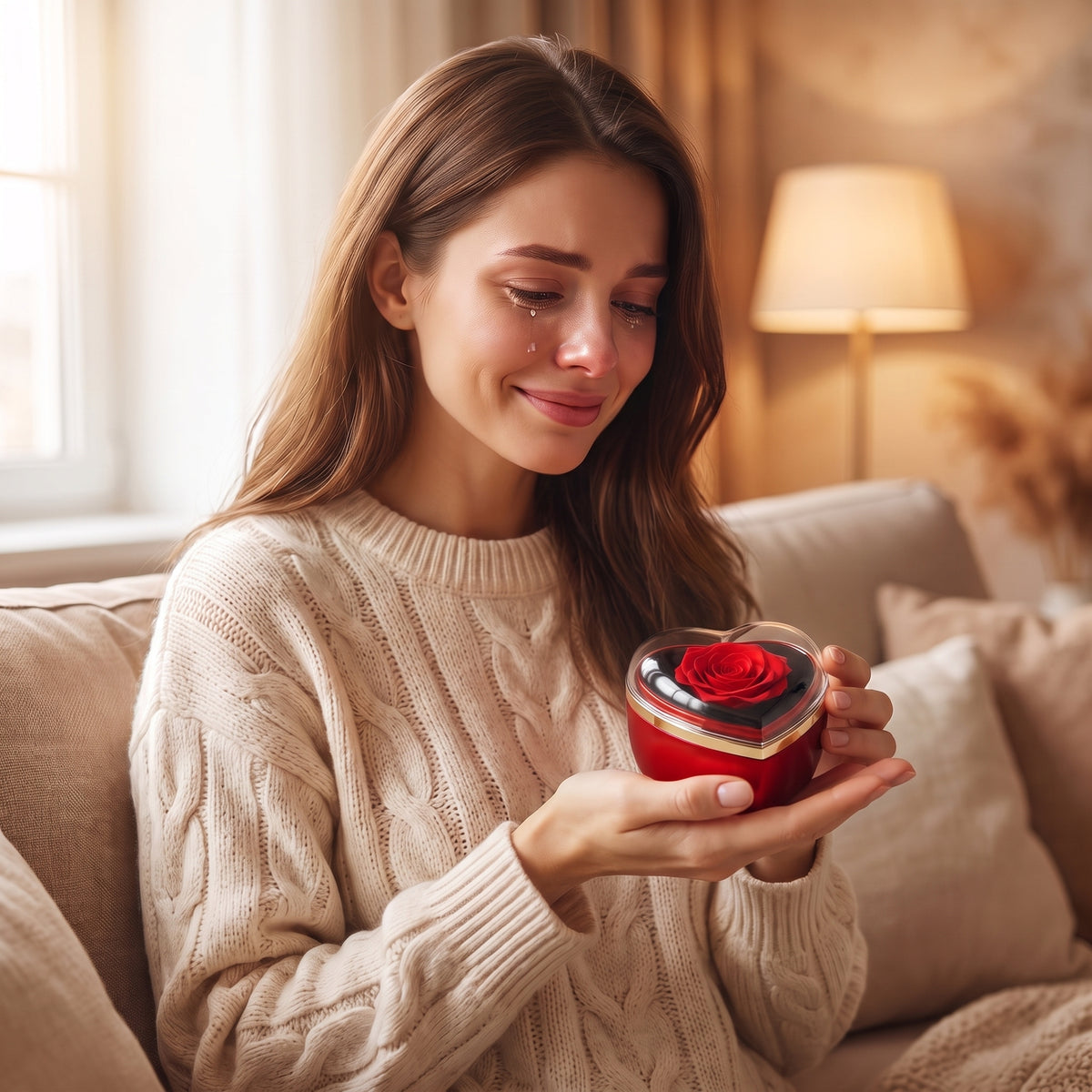 Femme émue tenant le petit coffret rose tournante fermé dans sa main